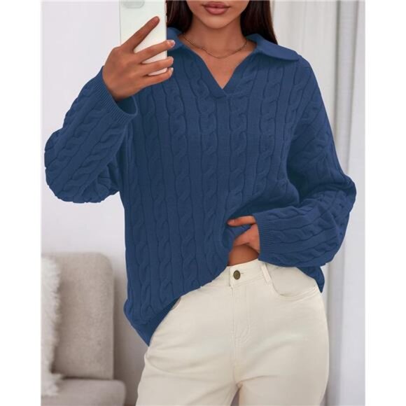 Oversized V-Neck Cable Knit Sweater | Cozy Long Sleeve Pullover Fall & Winter - Picture 6 of 6